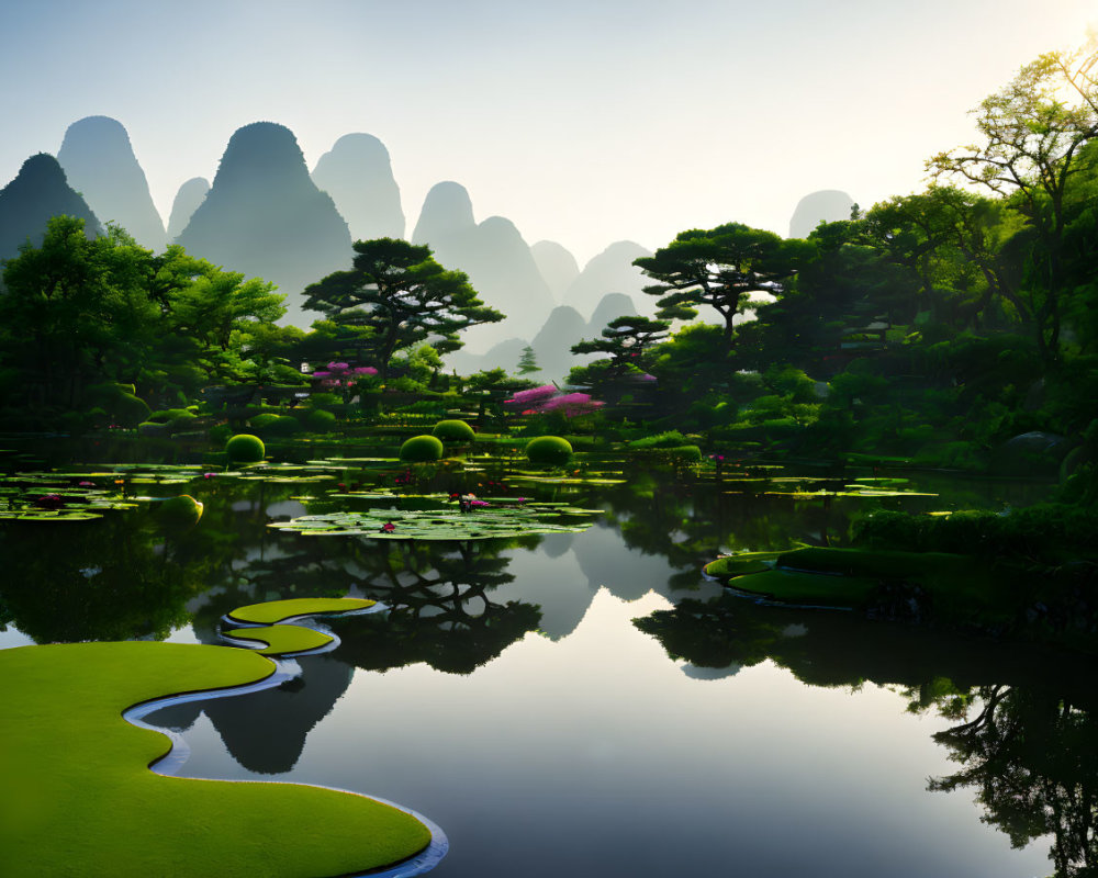 Tranquil landscape with winding path, reflective pond, lush greenery, blooming trees, mist