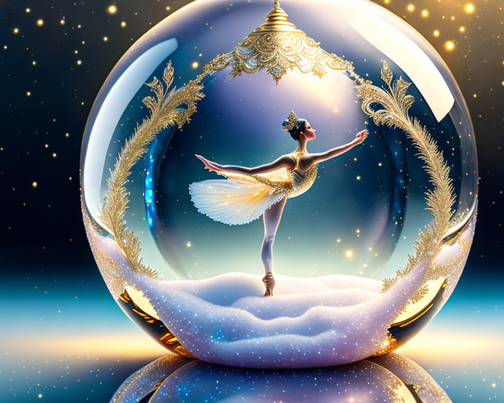 Ballerina in Snow Globe with Golden Flourishes and Starry Sky