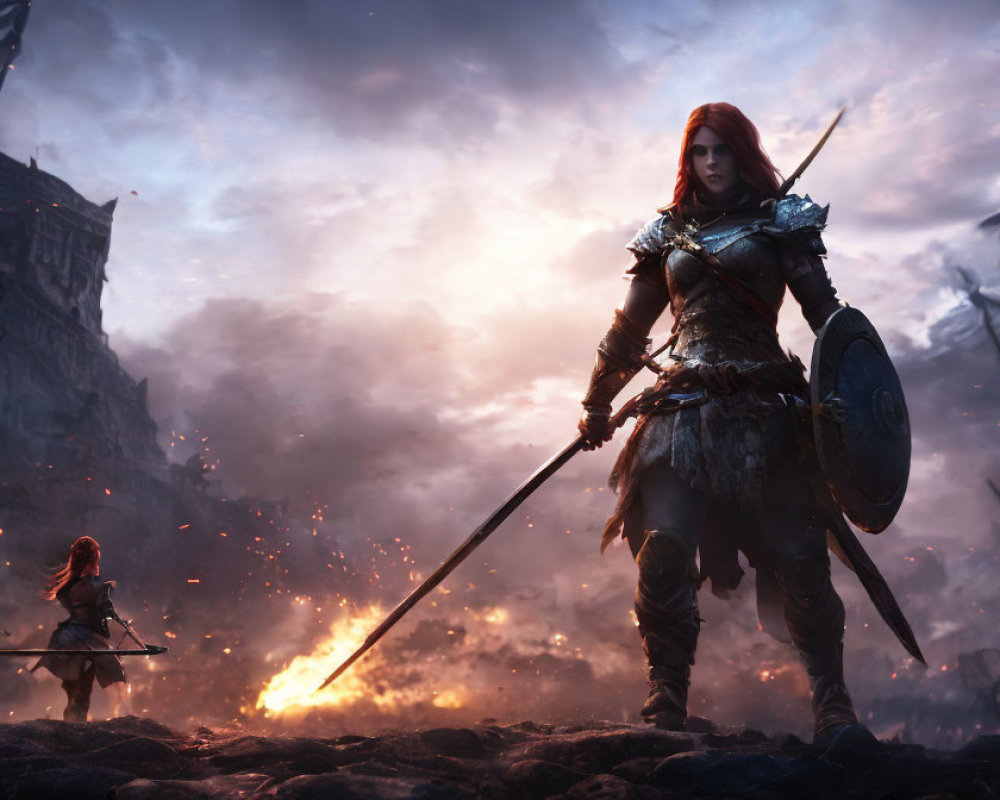 Red-Haired Warrior Woman in Armor with Sword and Shield on Smoldering Battlefield