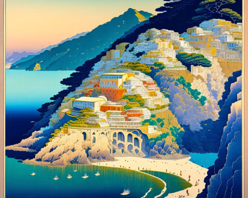 Colorful Coastal Town Illustration with Beach, Boats, Mountains, and Trees