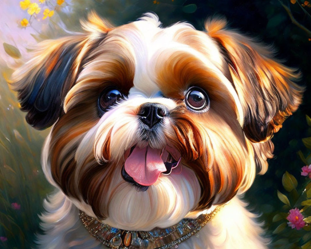 Colorful Illustration: Fluffy Dog with Shiny Collar in Greenery