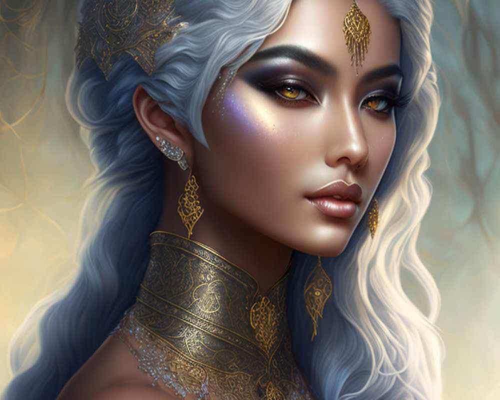 Silver-haired woman in blue and gold attire with ethereal makeup on golden backdrop