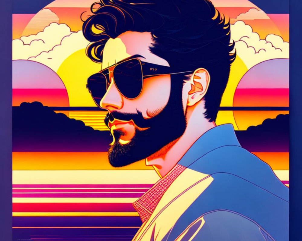 Stylish man with beard in sunglasses against retro sunset.