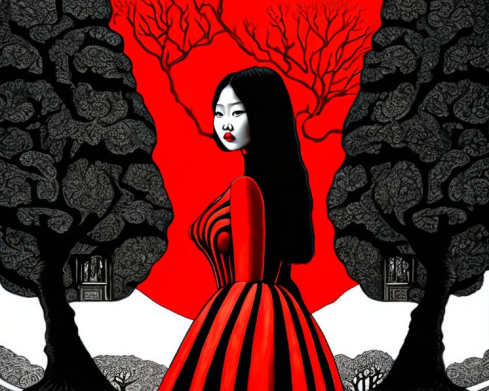 Woman in Red-Striped Dress with Surreal Tree Background and Red Sky