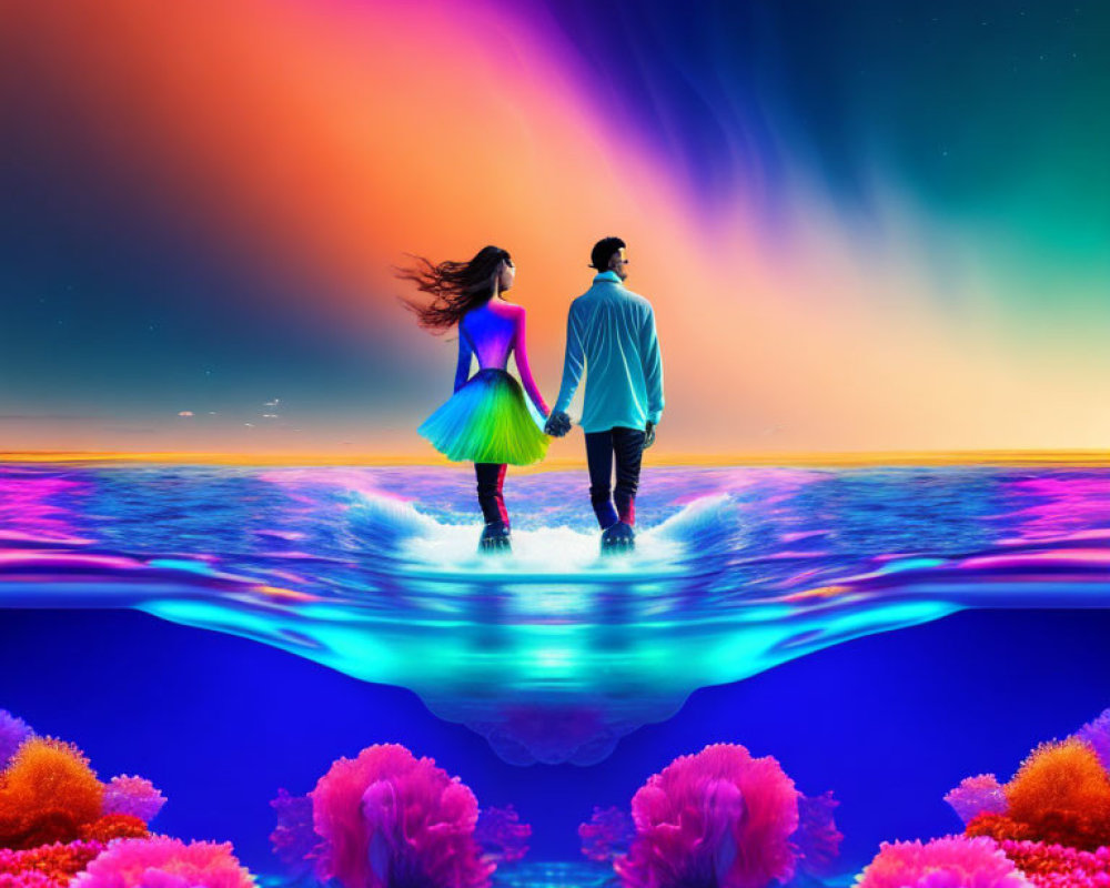 Vibrant colorful background with two people holding hands on water