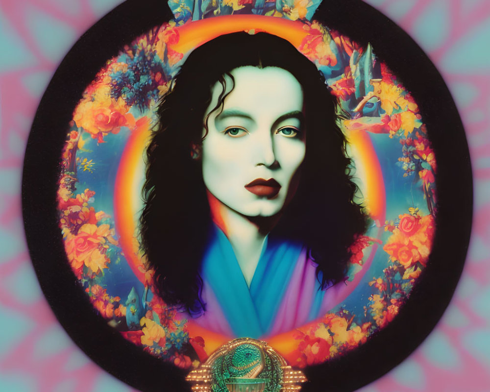 Colorful Portrait with Wavy Hair, Red Lips, Flowers, and Ornate Frame
