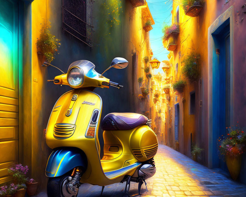 Yellow scooter in vibrant alley with blue walls and hanging plants