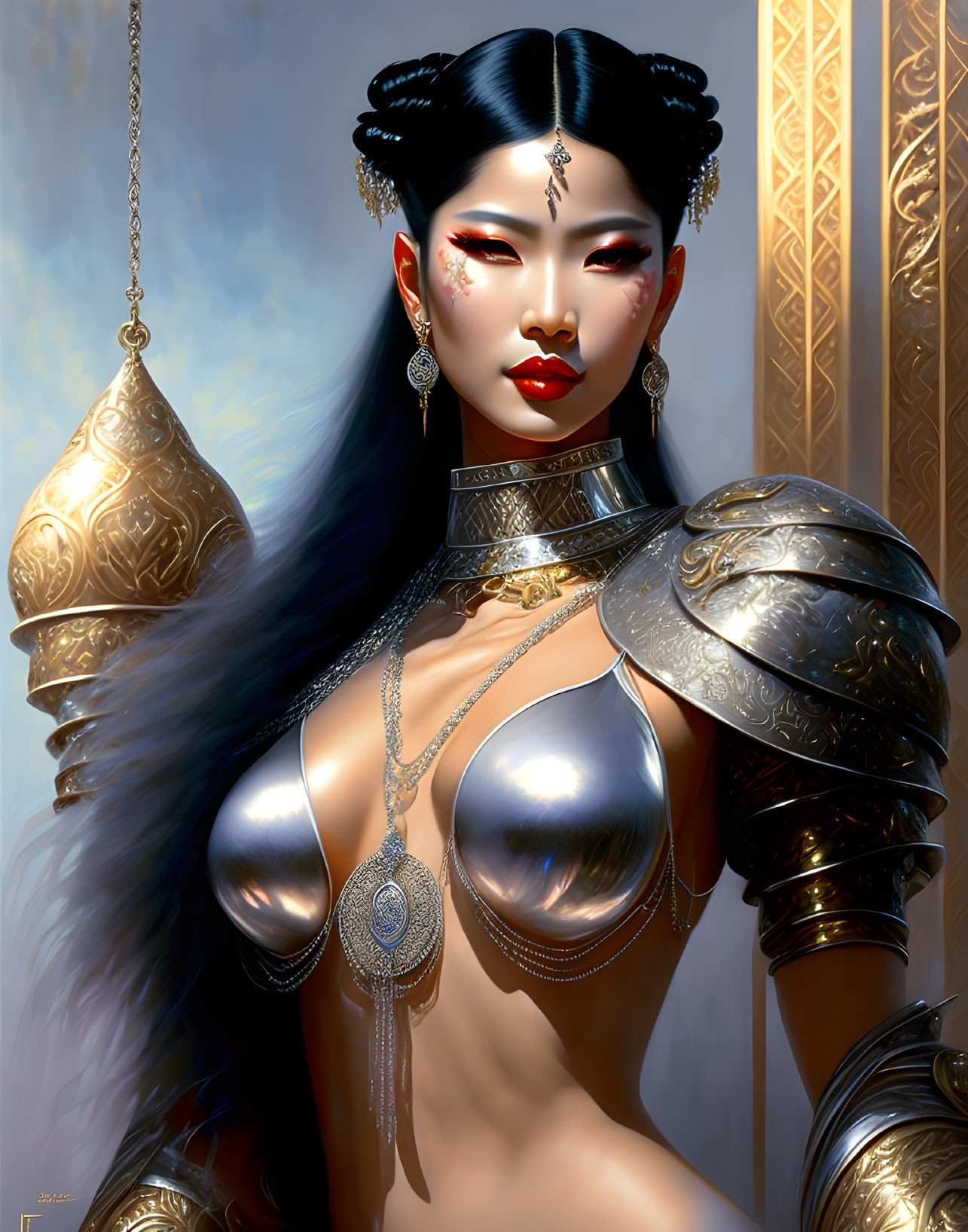 Regal woman in metallic armor and elegant jewelry with traditional makeup and hairstyles.