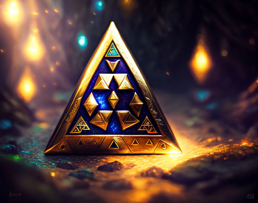 Golden pyramid with glowing symbols in an illuminated forest