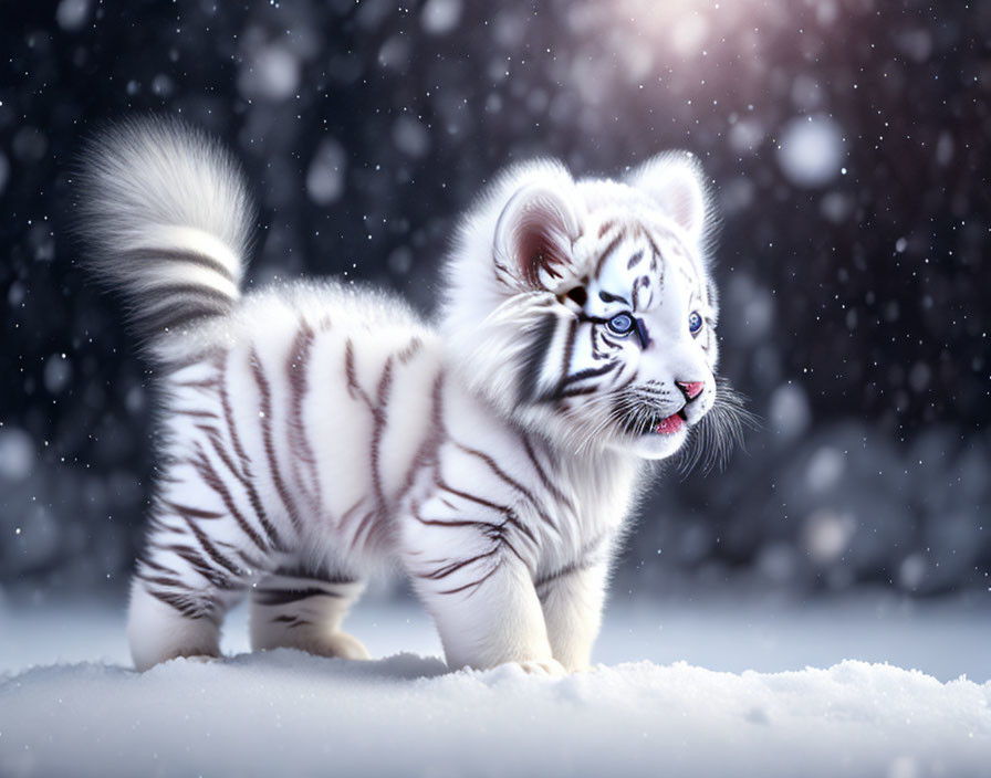 White Tiger Cub with Blue Eyes in Snowy Landscape