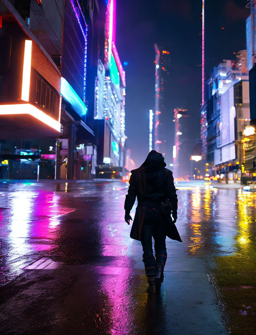 Pedestrian in dark attire strolls on neon-lit, rainy urban street at night