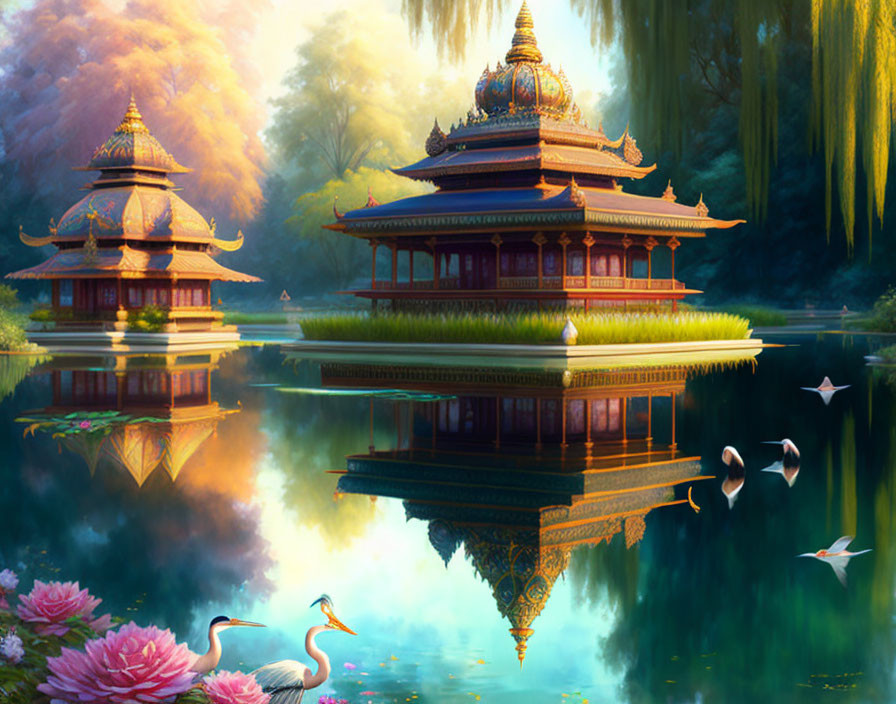Tranquil pagoda buildings reflected in lake with lotus flowers