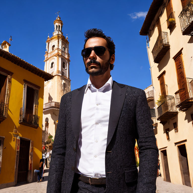 Confident man in sunglasses and suit in sunny plaza with church tower