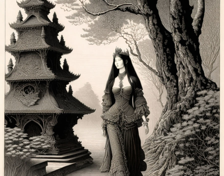 Traditional attire woman beside tree with pagoda illustration
