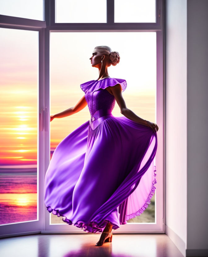 Woman in Purple Dress Gazes at Ocean Sunset from Window