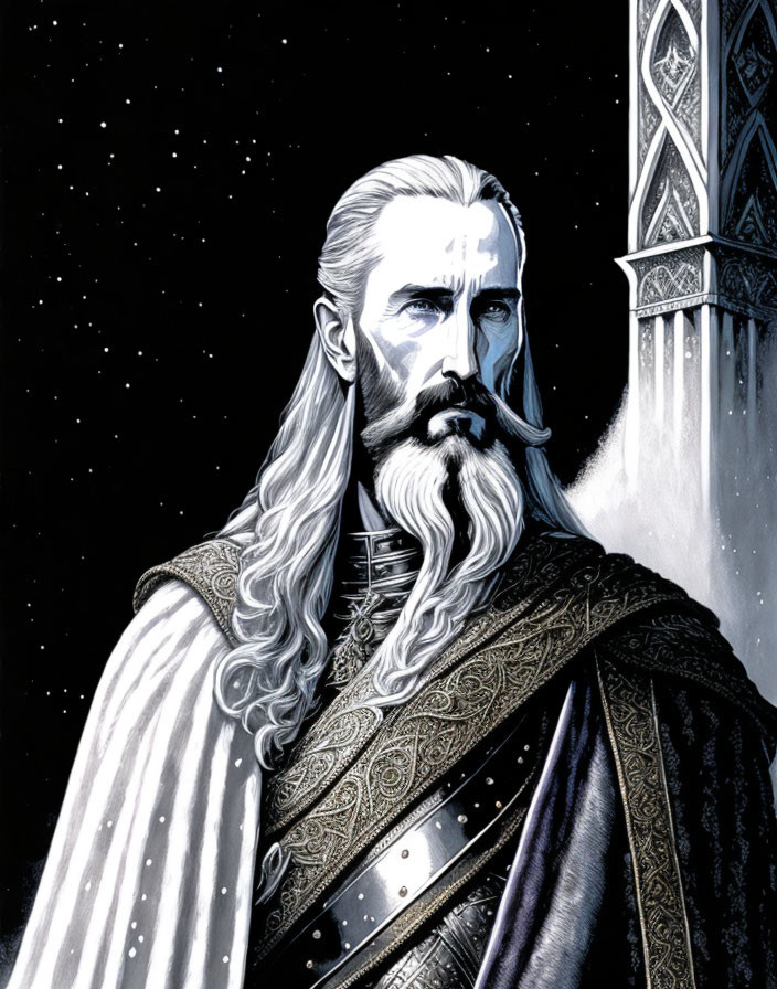 Noble character with long white beard in regal attire against starry night.