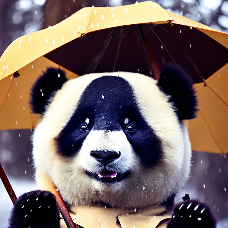 Panda Bear with Yellow Polka-Dot Umbrella in Snow