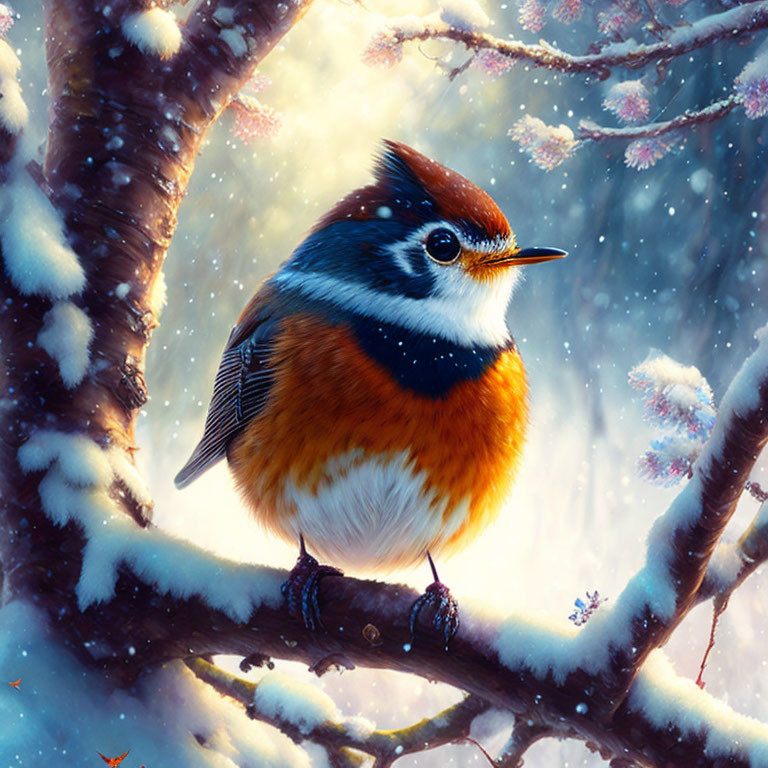 Colorful Bird with Orange Underparts Perched on Snow-Covered Branch