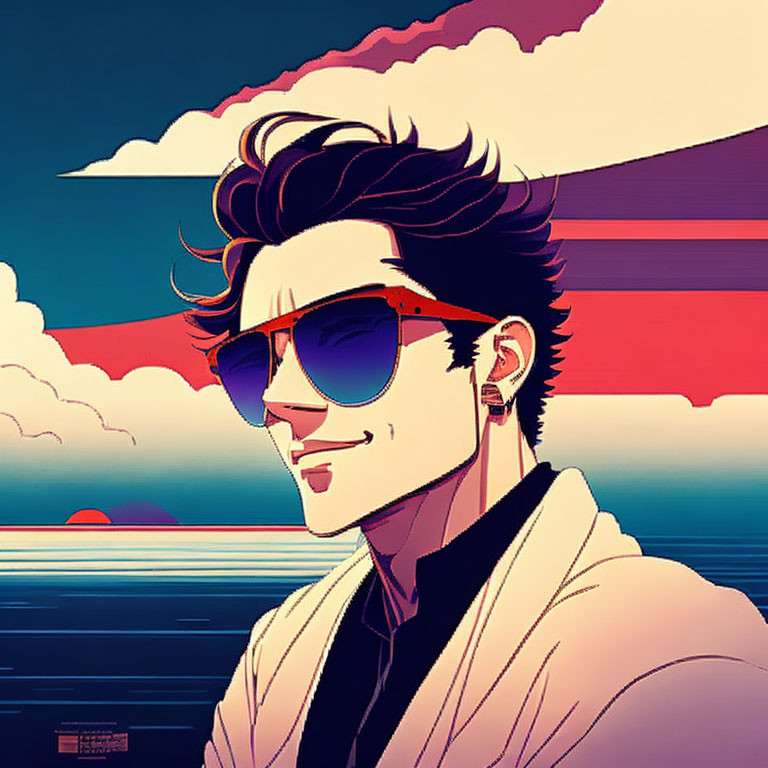Person with sunglasses and cool hairstyle in sunset illustration.