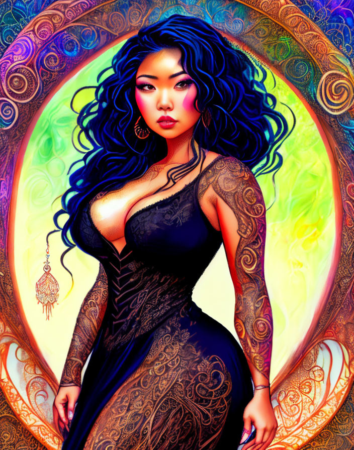 Illustration of woman with blue hair and tattoos on swirling background