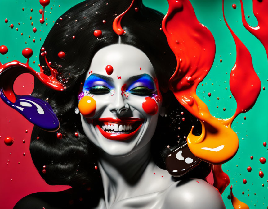 Vibrant female clown with colorful makeup and swirling paint splashes