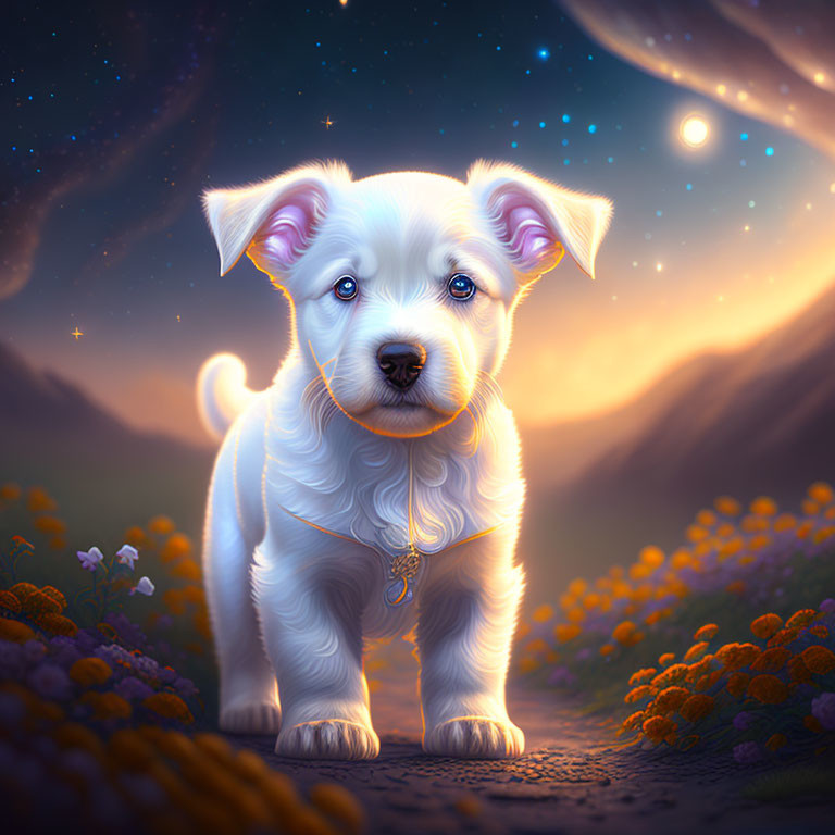 Adorable white puppy with blue eyes in mystical twilight field