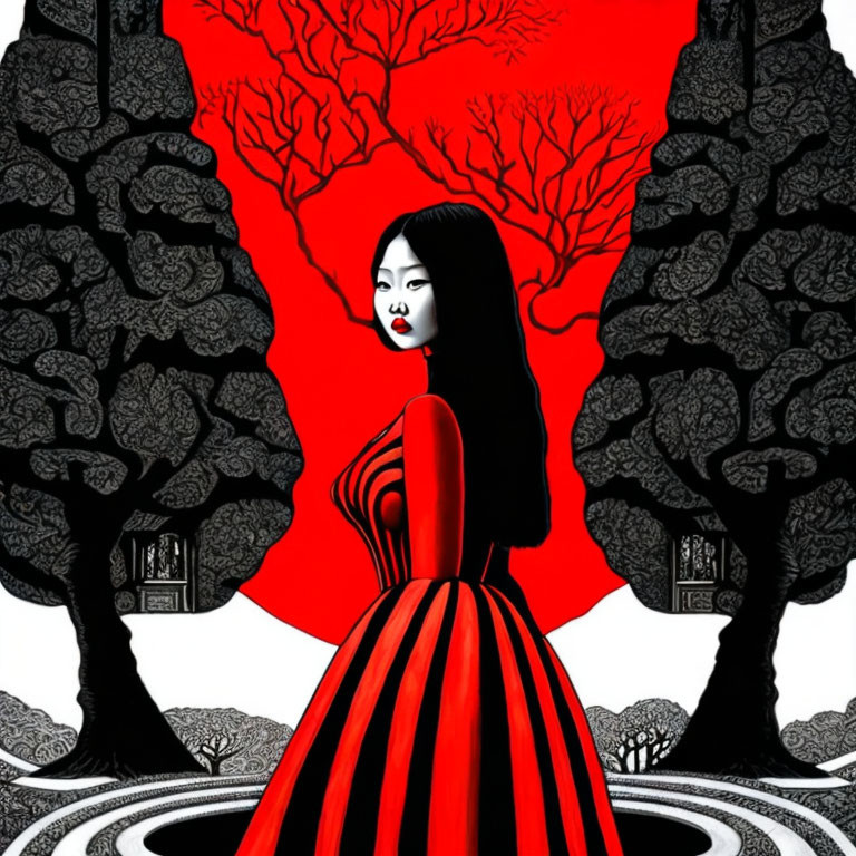 Woman in Red-Striped Dress with Surreal Tree Background and Red Sky