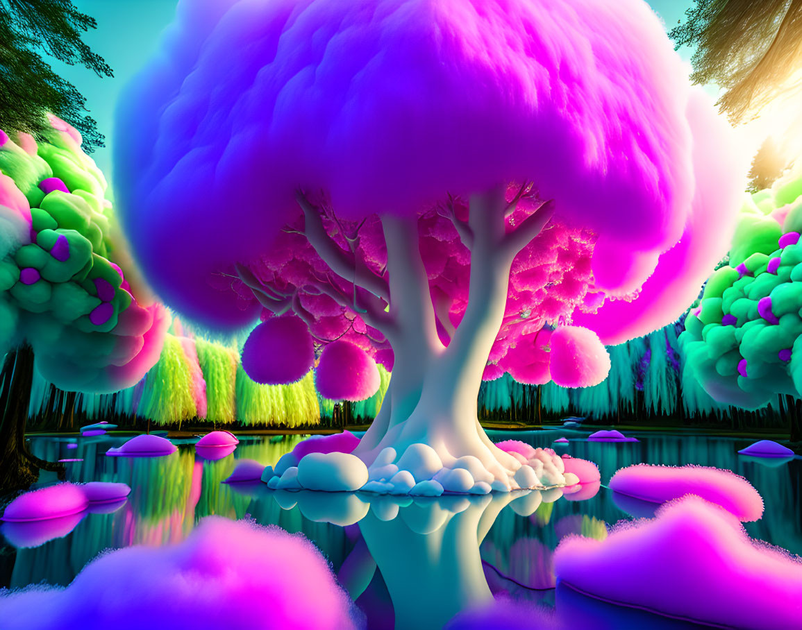 Colorful fantasy landscape with whimsical trees and reflective water.