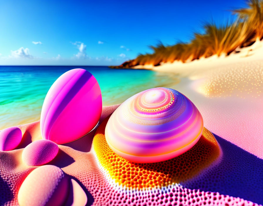 Colorful Patterned Spheres on Sandy Beach with Tropical Background