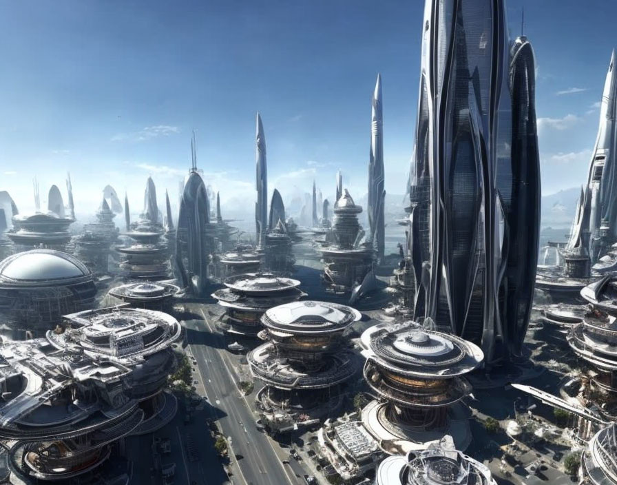 Futuristic cityscape with sleek skyscrapers and circular structures