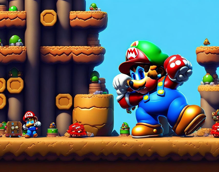Large Mario approaches smaller Mario in colorful scene with mushrooms and turtle-like creatures against brown cliffs.