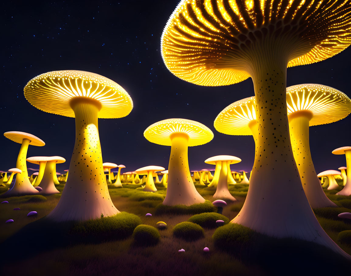 Enchanted forest with oversized glowing mushrooms at night