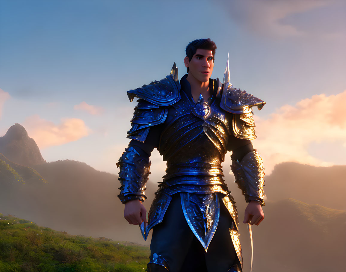 Heroic Figure in Elaborate Blue Armor in Majestic Sunrise Landscape