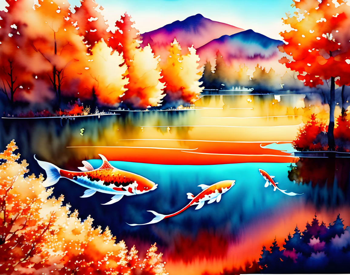 Colorful Autumn Landscape with Reflecting Trees and Swimming Koi Fish