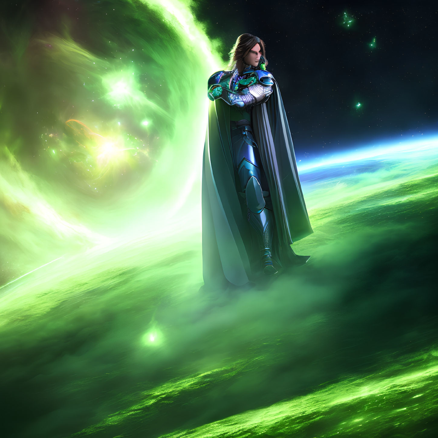 Futuristic armored figure gazes at green nebula in space