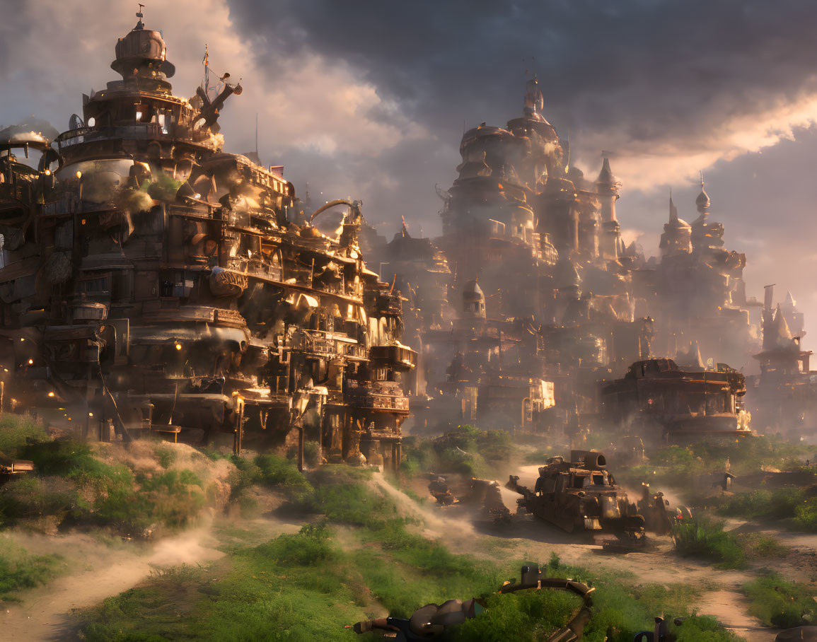 Fantastical cityscape with intricate buildings and armored vehicles under dramatic sky