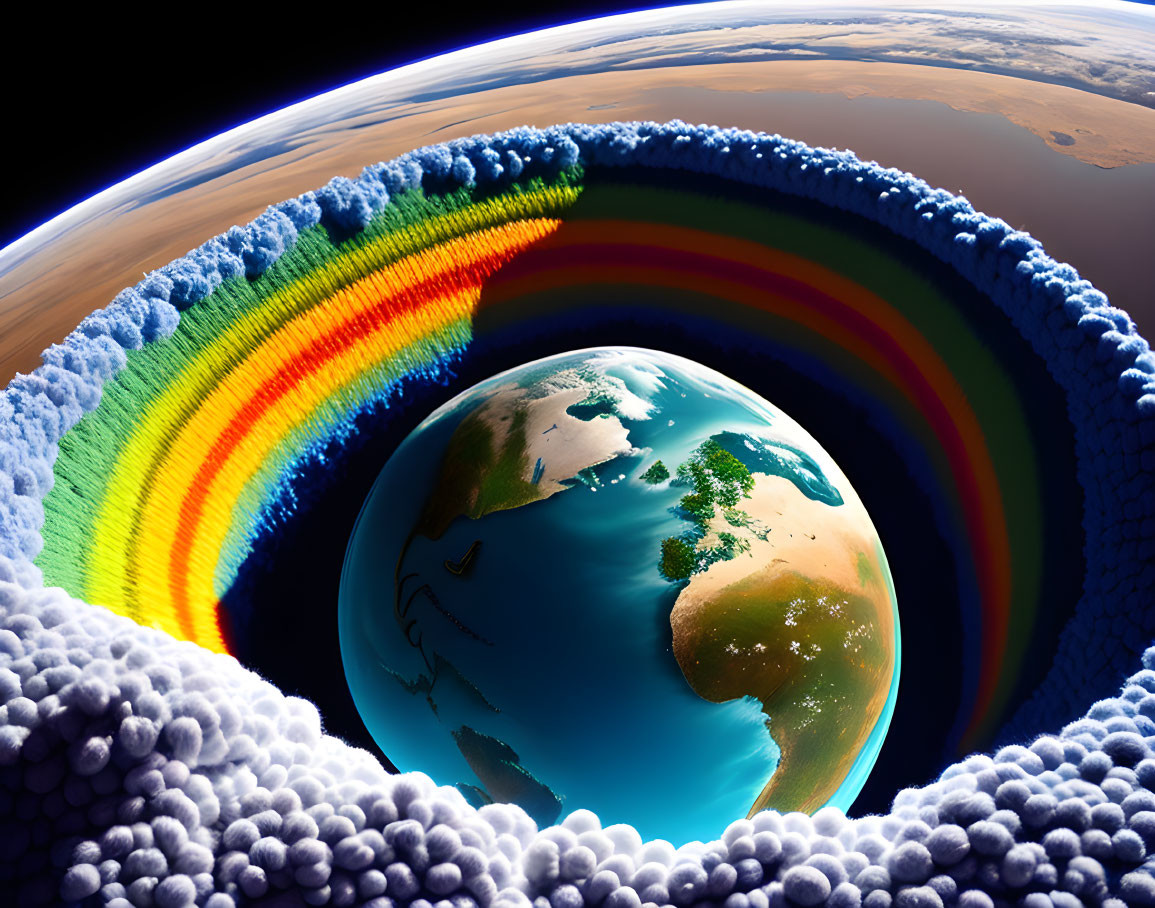 Digitally altered image of Earth with vibrant atmospheric layers.