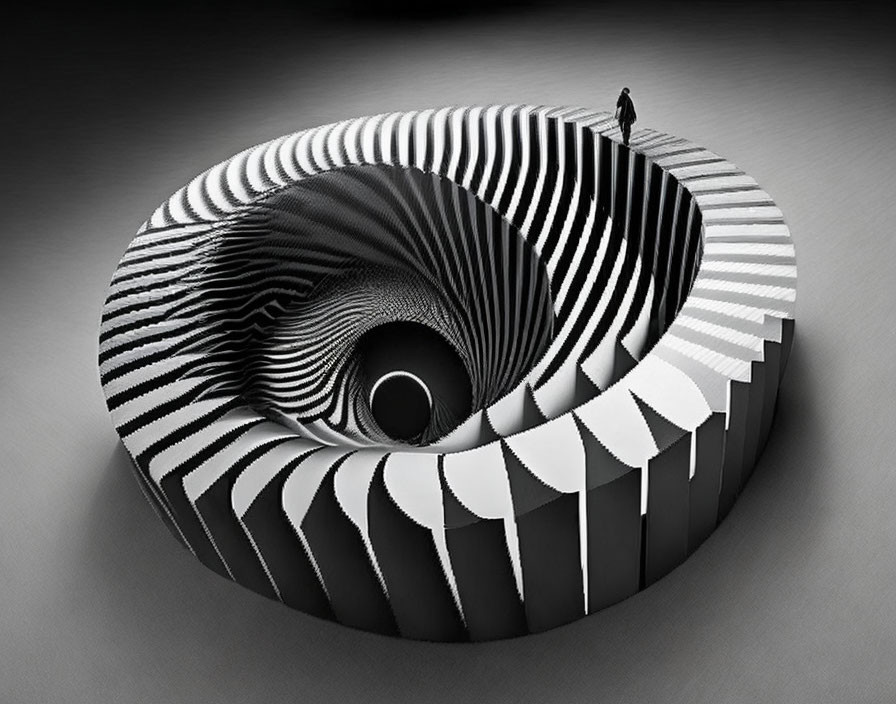 Surreal black and white vortex structure with person at edge