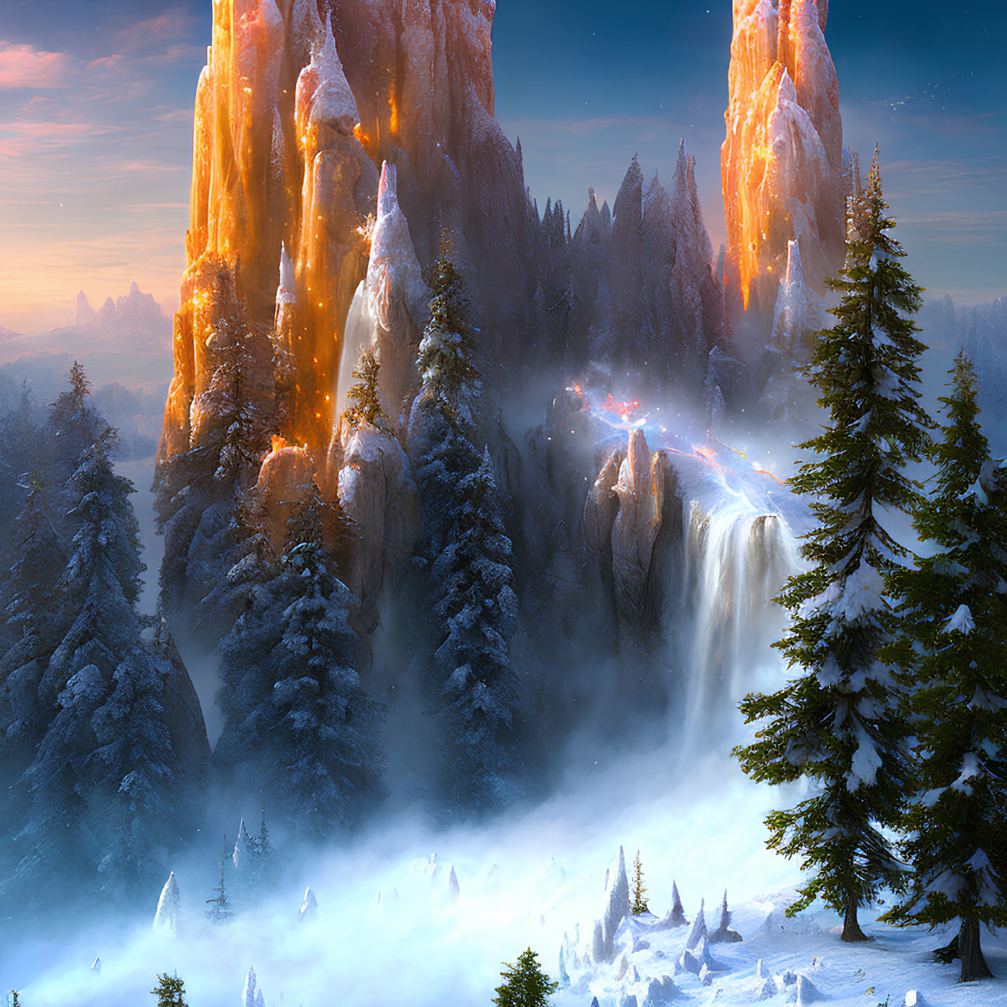 Snow-covered cliffs, waterfall, pine trees in winter scene