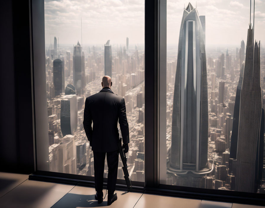 Bald Man in Suit with Tripod by Modern Cityscape