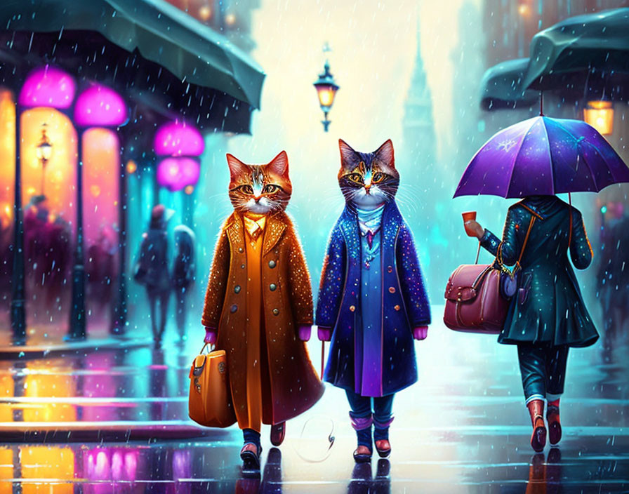 Anthropomorphic cats in stylish outfits walk with umbrella on rainy city street at night