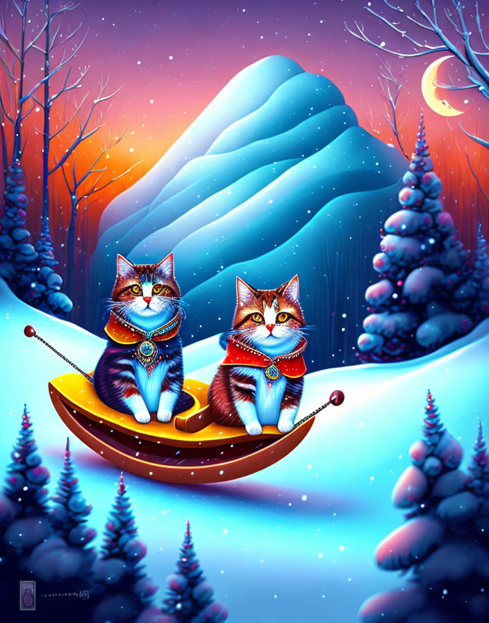 Illustrated cats on sled in snowy landscape with northern lights & crescent moon
