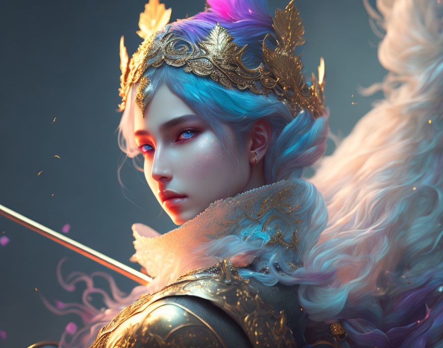 Fantasy female warrior with blue hair and golden crown in intricate armor