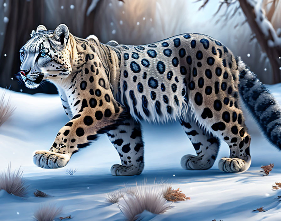Snow leopard walking in wintry landscape with snow-covered ground and bare trees