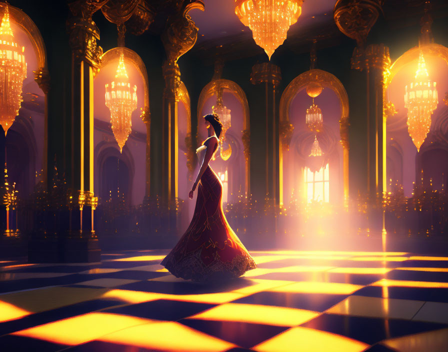 Elegant woman in gown in grand ballroom with golden columns