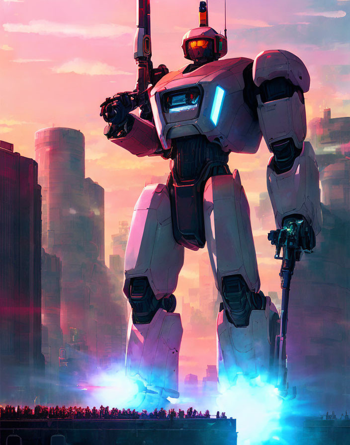 Futuristic cityscape sunset with sleek design robot and glowing blue thrusters