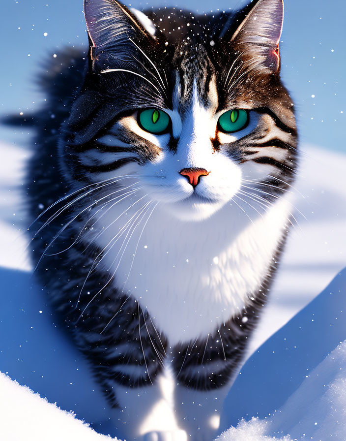 Black and White Cat with Green Eyes in Snowy Landscape