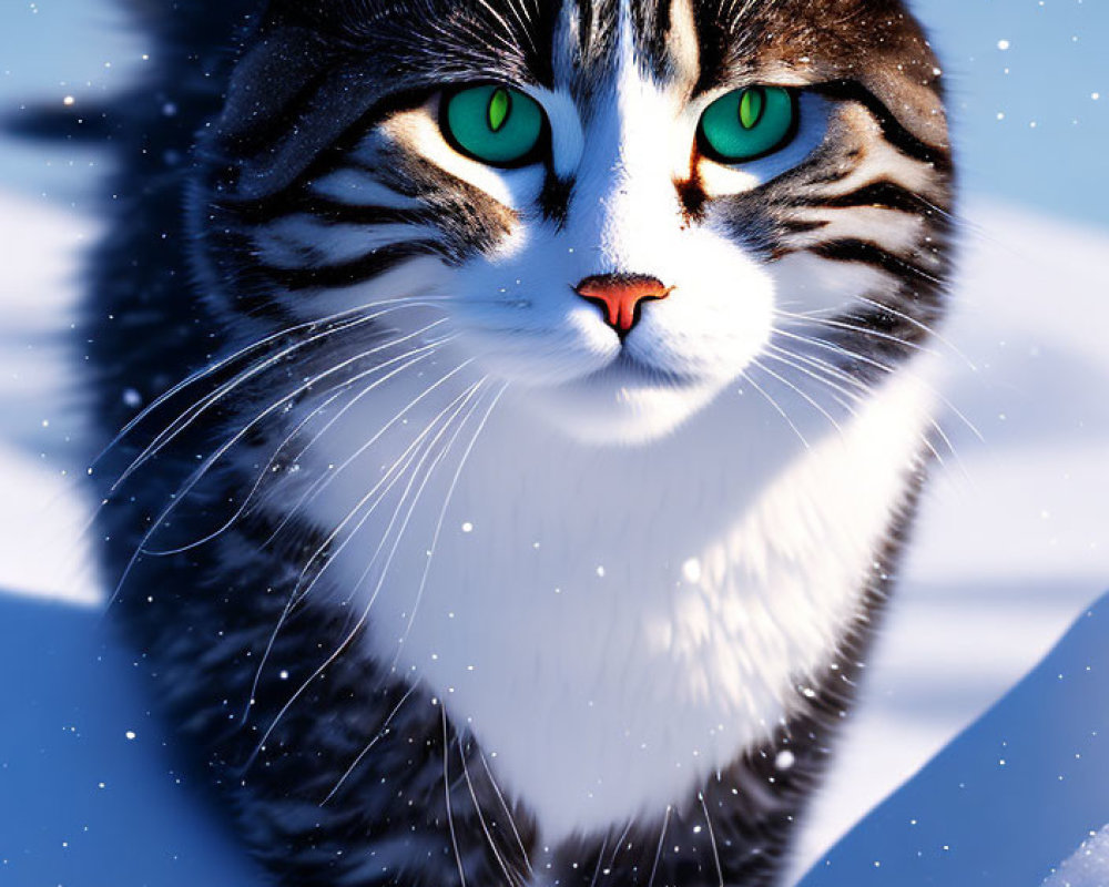 Black and White Cat with Green Eyes in Snowy Landscape