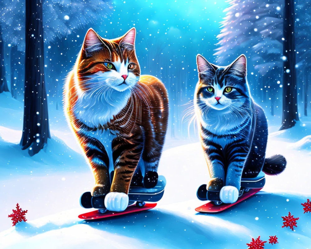 Vibrant fur pattern animated cats snowboarding in snowy landscape