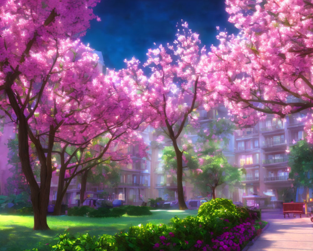 Vibrant pink cherry blossoms in full bloom in lush park setting